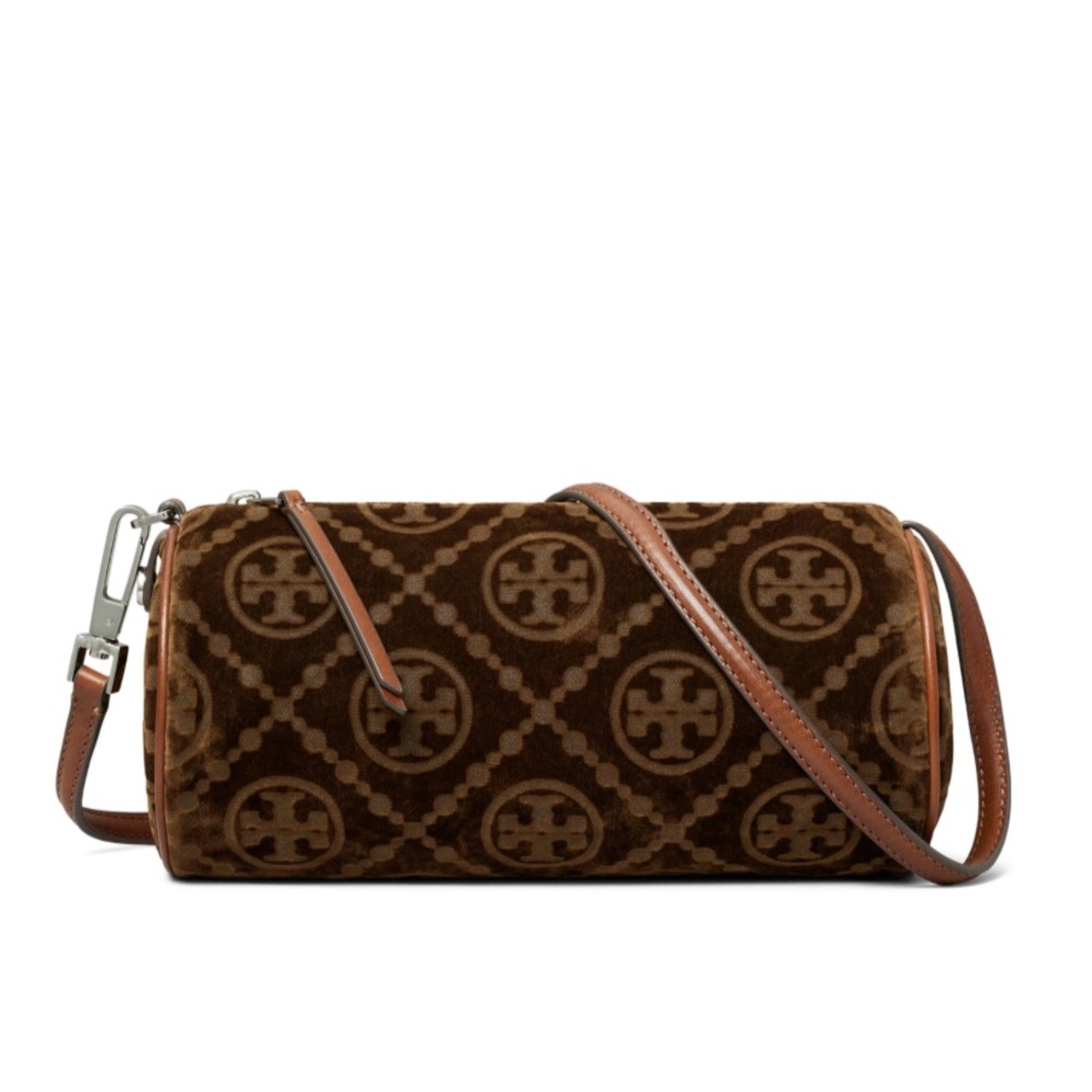 Tory Burch T Monogram Flocked Velvet Cylinder Shoulder Bag